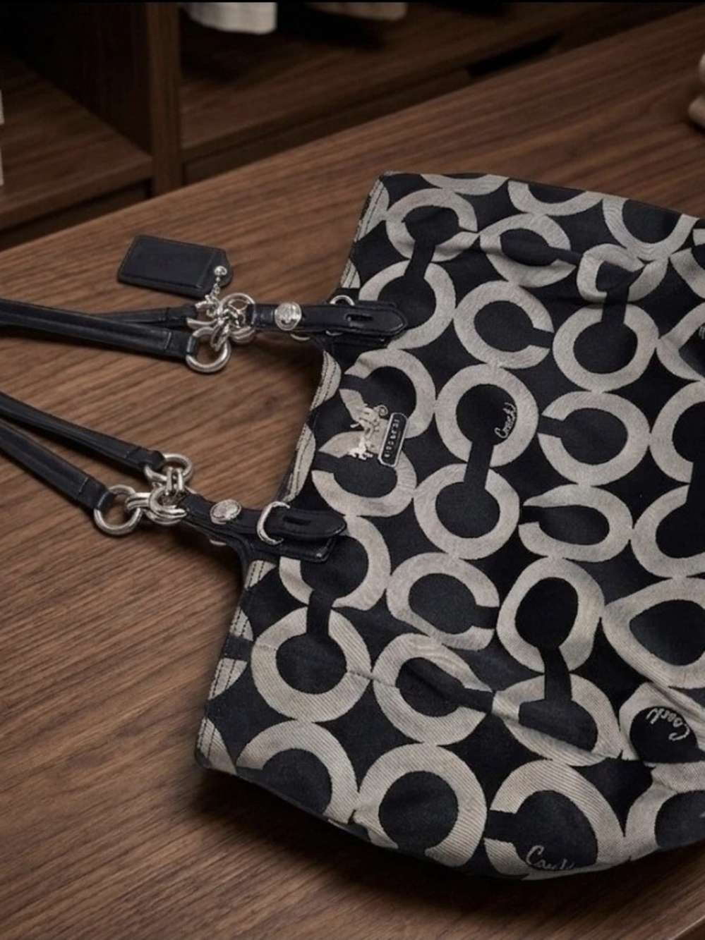 Coach Black and Cream Signature Circle Tote